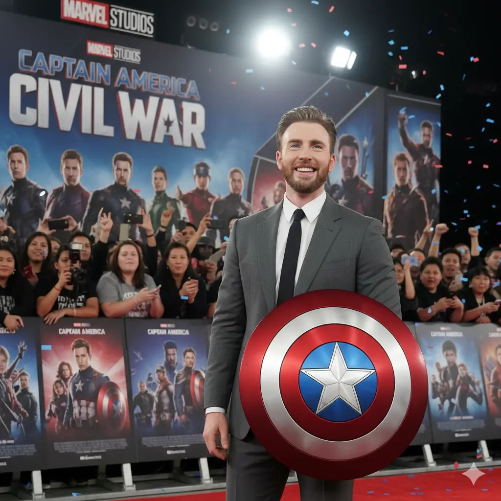 Chris Evans holding Captain America shield at Civil War premiere red carpet surrounded by fans and Marvel Studios banners
