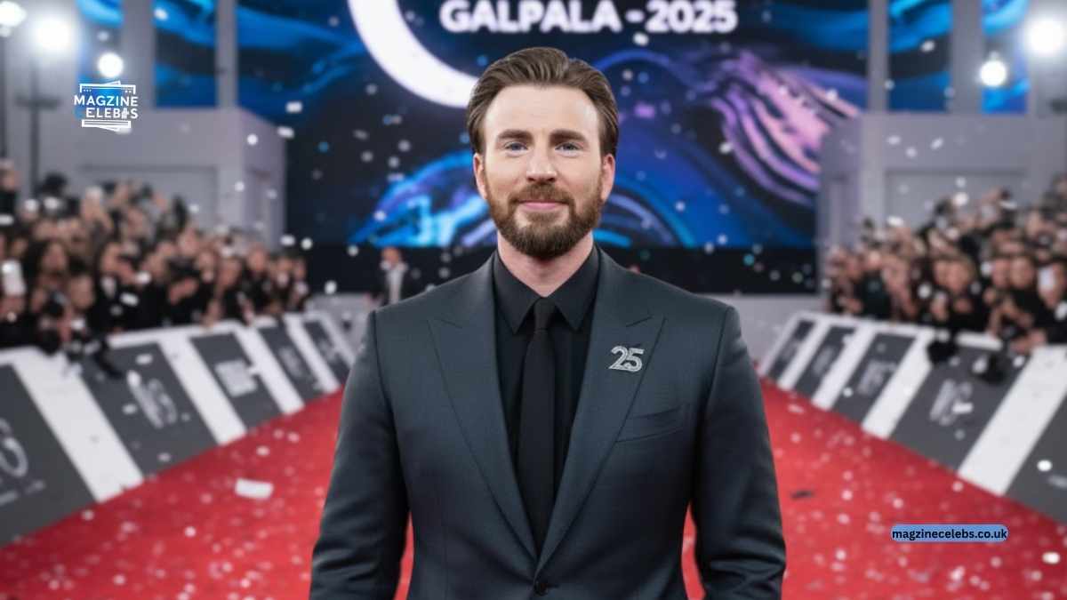 Chris Evans on red carpet at GALPALA 2025 event in dark suit, smiling before photographers