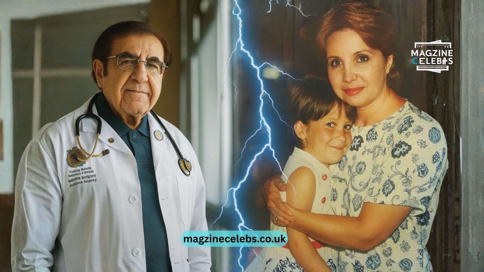 Dr. Younan Nowzaradan standing in his medical coat alongside a vintage family photo of his ex-wife Delores Nowzaradan hugging their daughter, symbolizing their past relationship.