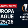 Europa League 2025/26 Breaking News graphic with trophy, logo, and stadium background