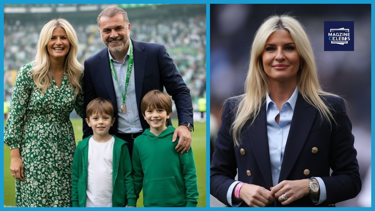 Georgia Postecoglou with husband Ange Postecoglou and children at a football event, alongside her solo portrait – biography, family, and net worth 2025