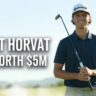 Grant Horvat smiling on a golf course holding a club, showcasing success and wealth with text overlay “Grant Horvat Net Worth $5M”.