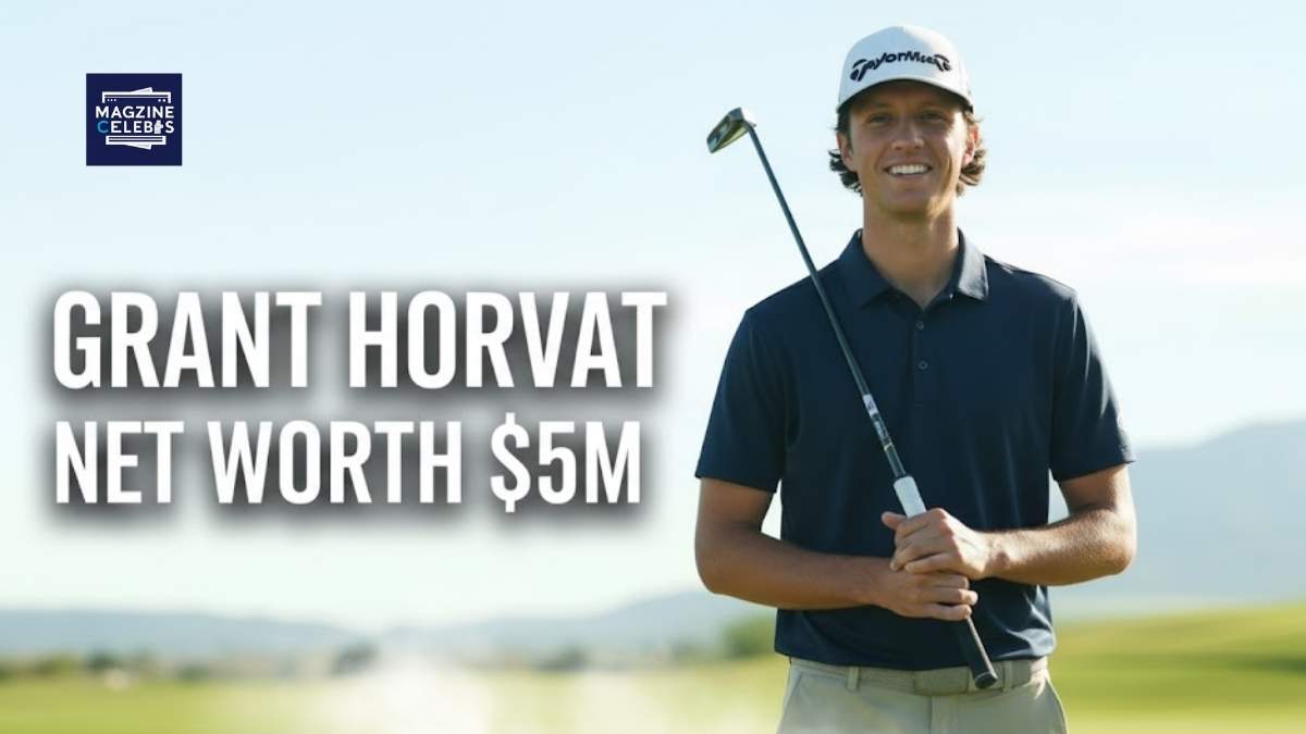 Grant Horvat smiling on a golf course holding a club, showcasing success and wealth with text overlay “Grant Horvat Net Worth $5M”.