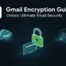 A person typing on a laptop showing Gmail interface with a lock icon symbolizing email encryption security 2025