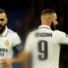 Karim Benzema collage in Real Madrid jersey celebrating and showing number 9