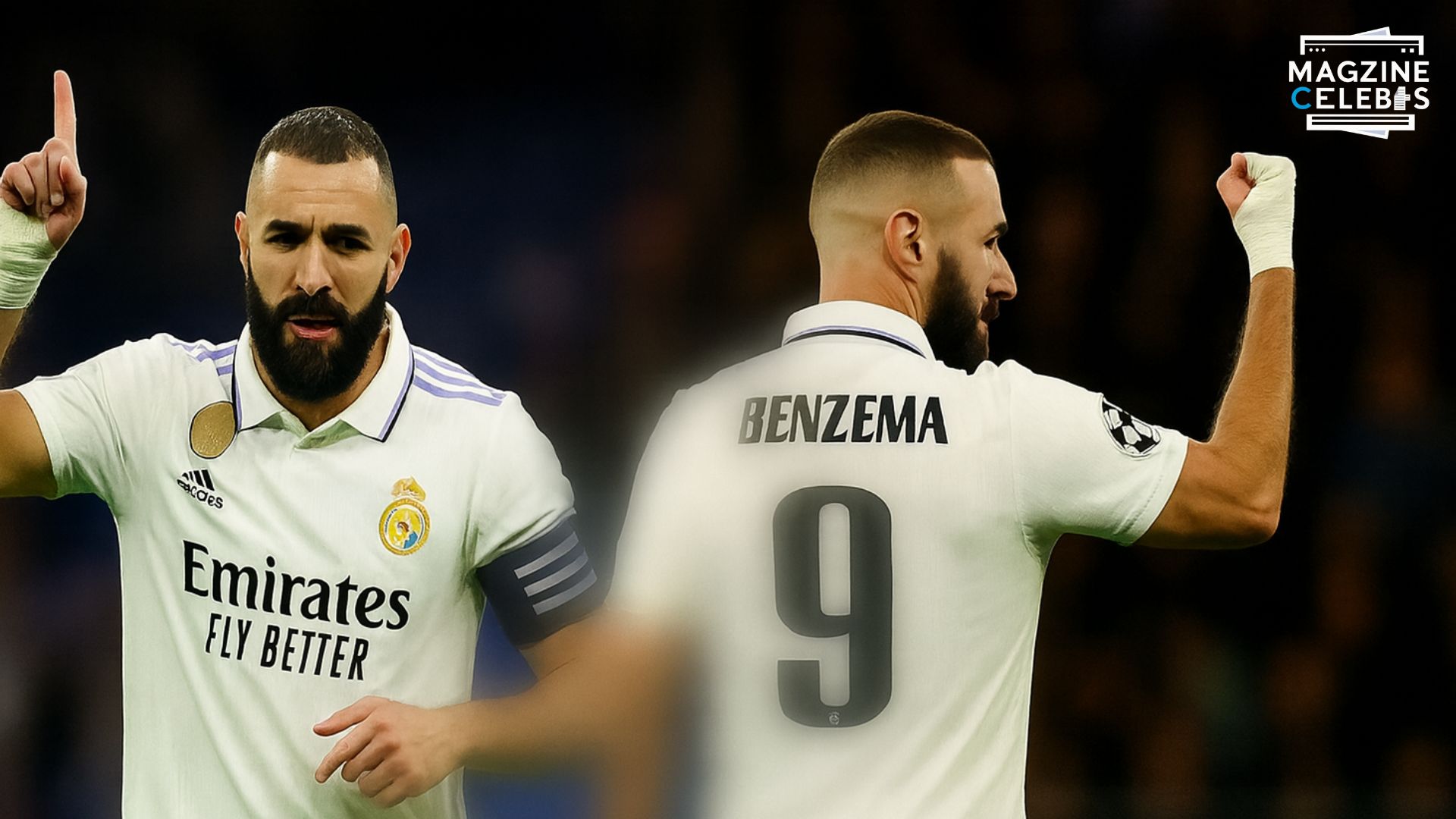 Karim Benzema collage in Real Madrid jersey celebrating and showing number 9