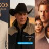 Kevin Costner collage featuring Horizon red carpet, Yellowstone John Dutton role, and iconic movie characters