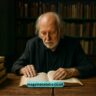 László Krasznahorkai reading in a library after winning the 2025 Nobel Prize in Literature