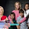 Laura Ingraham with her three children alongside a second image of the TV host speaking at a podium—family and career collage, 16:9 feature for biography article.