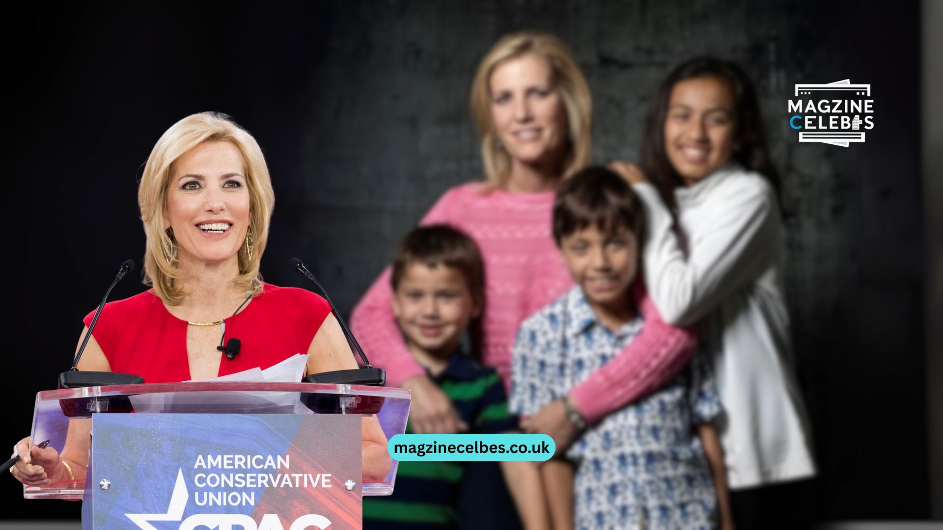 Laura Ingraham with her three children alongside a second image of the TV host speaking at a podium—family and career collage, 16:9 feature for biography article.