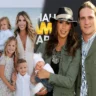 Laura Quinn Hawk with A.J. Hawk and children at the beach next to their red-carpet photo — 16:9 collage.