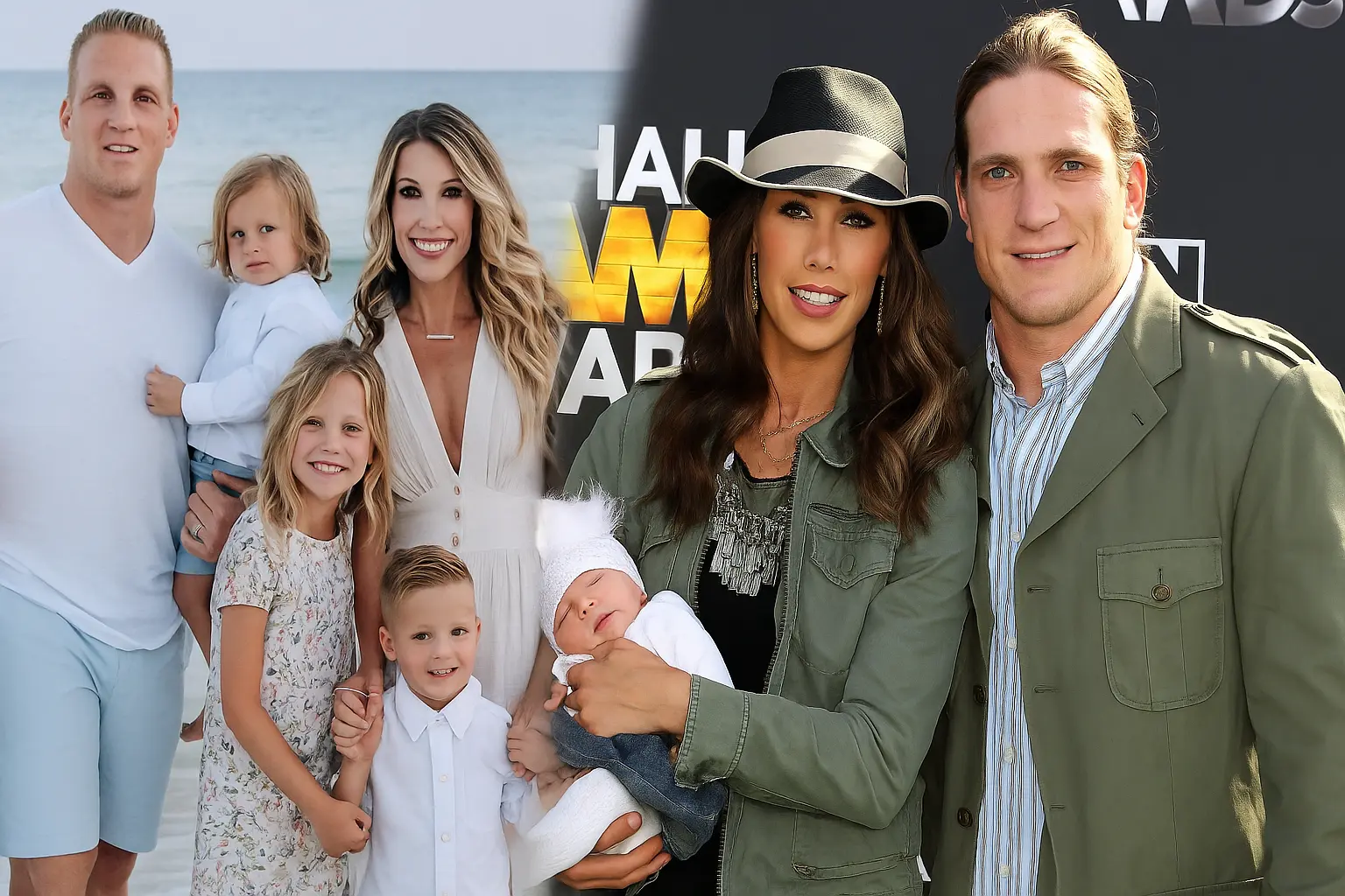 Laura Quinn Hawk with A.J. Hawk and children at the beach next to their red-carpet photo — 16:9 collage.
