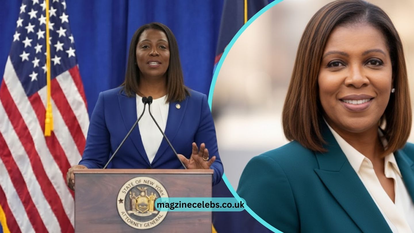Letitia James speaking at a New York press conference
