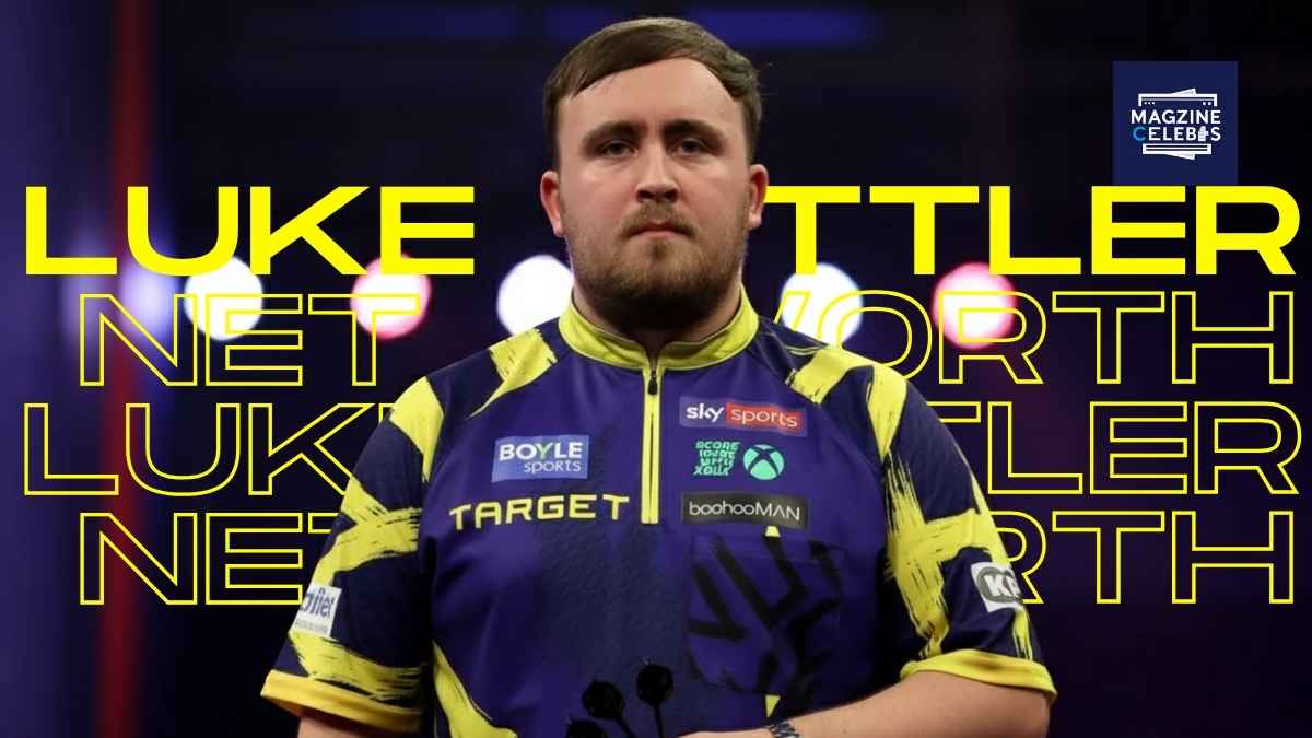 Luke Littler Net Worth 2025 – The Nuke holding darts on stage in yellow and blue Target Darts jersey during World Darts Championship