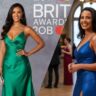 Maya Jama showcasing her style in a green satin dress at the BRIT Awards (left) and a sparkling blue dress at another event (right).