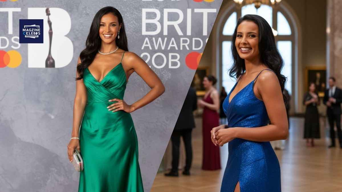 Maya Jama showcasing her style in a green satin dress at the BRIT Awards (left) and a sparkling blue dress at another event (right).