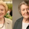 Dame Patricia Routledge smiling on stage in a light blue outfit with pearls, remembered as Hyacinth Bucket from Keeping Up Appearances