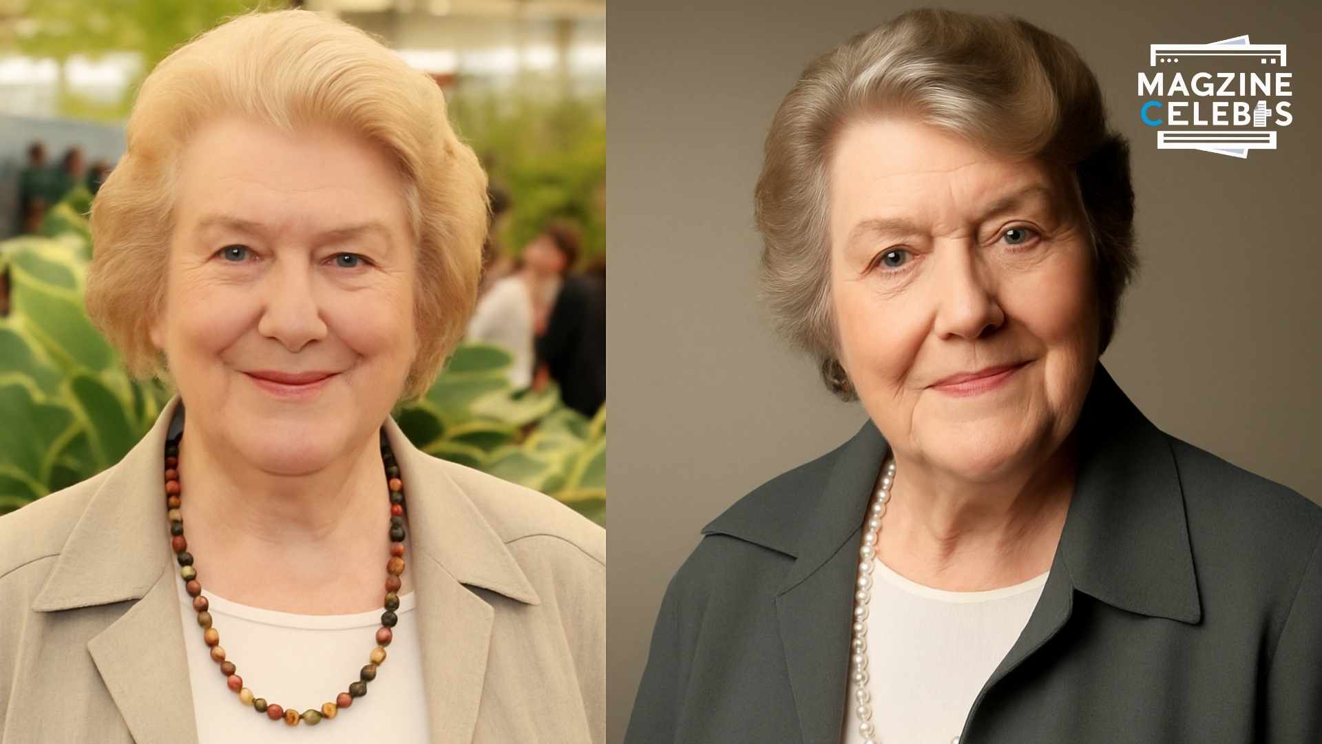 Dame Patricia Routledge smiling on stage in a light blue outfit with pearls, remembered as Hyacinth Bucket from Keeping Up Appearances