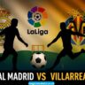 Real Madrid vs Villarreal La Liga 2025 football match promo graphic with silhouettes and soccer ball