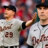 Smooth HD collage of Tarik Skubal featuring action shot and portrait in Detroit Tigers uniform.
