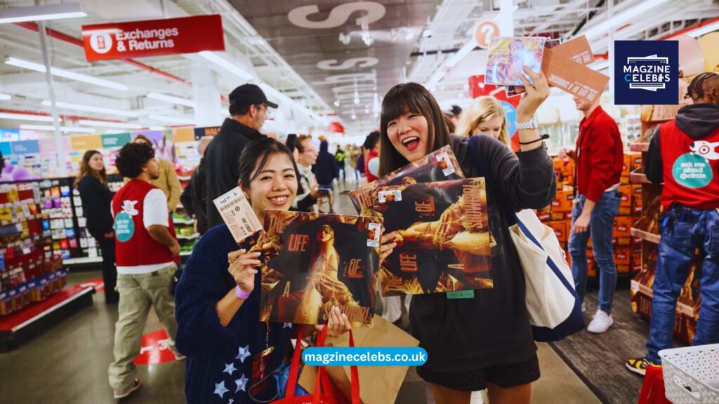 Fans celebrate Taylor Swift’s album The Life of a Showgirl at a Target store in New York on October 2, 2025, holding vinyl and CDs during the midnight release.