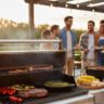 A modern Weber gas grill is cooking juicy steaks and vegetables in the foreground, while a diverse group of people socialize and eat in the background at a 2025 Weber Grillvorführung.