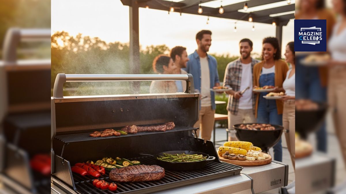 A modern Weber gas grill is cooking juicy steaks and vegetables in the foreground, while a diverse group of people socialize and eat in the background at a 2025 Weber Grillvorführung.