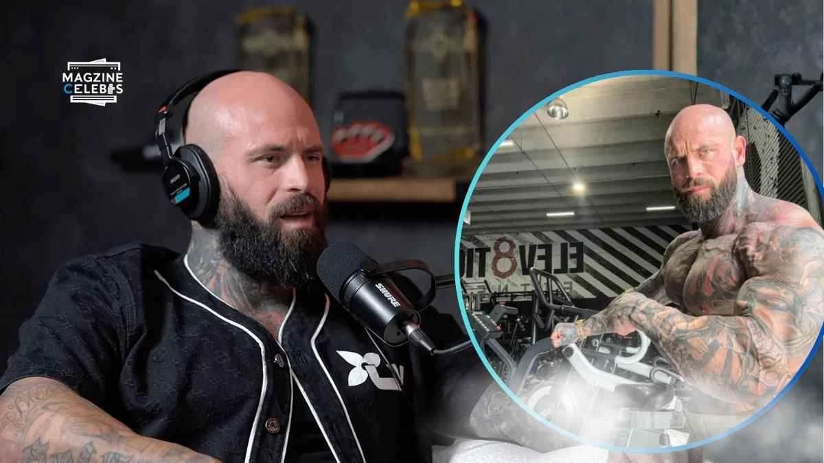 A collage of Wes Watson. On the left, he is speaking on a podcast, and on the right, he is showing his physique while working out in the gym.