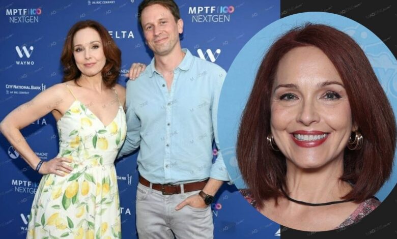 A collage showing actress Amy Yasbeck: on the left, standing with her step-son Tyler Ritter at an MPTF NextGen charity event, and on the right, a close-up smiling photo of her.