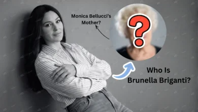 Monica Bellucci posing next to a mystery silhouette representing her private mother, Brunella Briganti. Text reads: Who is Brunella Briganti?