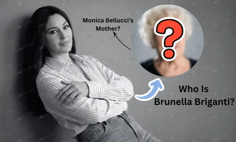 Monica Bellucci posing next to a mystery silhouette representing her private mother, Brunella Briganti. Text reads: Who is Brunella Briganti?