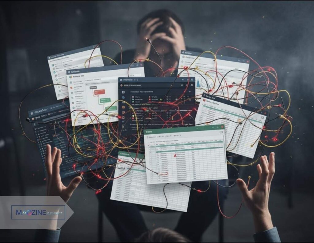 A visualization of "App Chaos" showing a frustrated business person overwhelmed by multiple, disconnected software applications and spreadsheets, representing the problem Konversky solves.