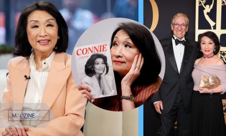 A collage of Connie Chung: in an interview, holding her memoir 'Connie', and on the red carpet with her husband Maury Povich.