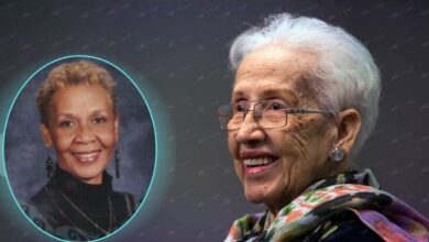 A composite image featuring NASA mathematician Katherine Johnson and her daughter, Constance Goble, in a framed portrait.