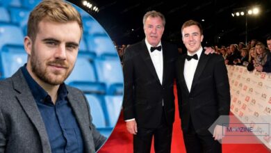 A composite image showing a portrait of Finlo Clarkson on the left, and Finlo Clarkson smiling and posing on a red carpet next to his father, Jeremy Clarkson, on the right. Both are in tuxedos.