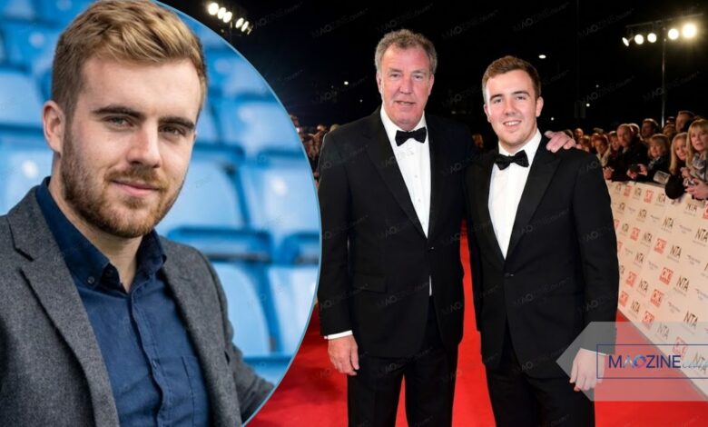 A composite image showing a portrait of Finlo Clarkson on the left, and Finlo Clarkson smiling and posing on a red carpet next to his father, Jeremy Clarkson, on the right. Both are in tuxedos.