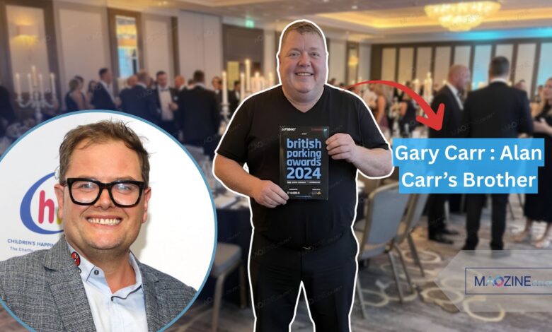 A collage image showing comedian Alan Carr on the left and his brother Gary Carr on the right. Gary is holding a 'British Parking Awards 2024' booklet, highlighting his separate career in business. Text overlay reads: Gary Carr: Alan Carr's Brother.