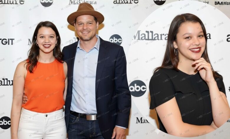 A collage of Isabella Chambers: on the left, standing with her father Justin Chambers at an ABC event, and on the right, a close-up solo portrait.