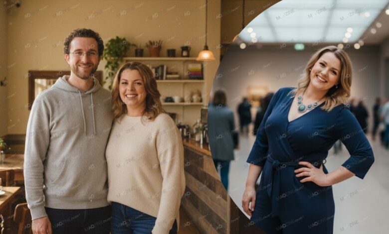 A composite image of Jennifer Misner in 2025. The left side shows Jennifer Misner smiling with her partner in a cafe. The right side shows a solo portrait of Jennifer Misner smiling in a public space, possibly a museum.