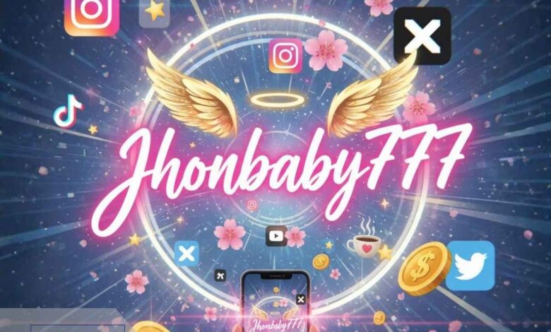 Jhonbaby777 name, with wings and '777' symbolizing luck on a background of social media icons.