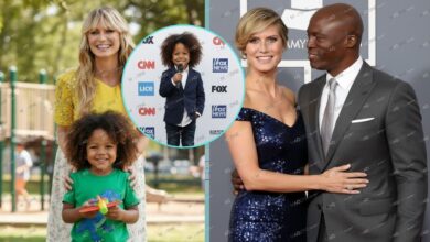 A photo collage showing Johan Samuel as a young child with his mother Heidi Klum on the left, and his parents Heidi Klum and Seal at a red carpet event on the right.