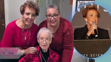 Joylette Goble (left and in circle) with her mother, NASA mathematician Katherine Johnson (seated), and sister Katherine Moore (center).