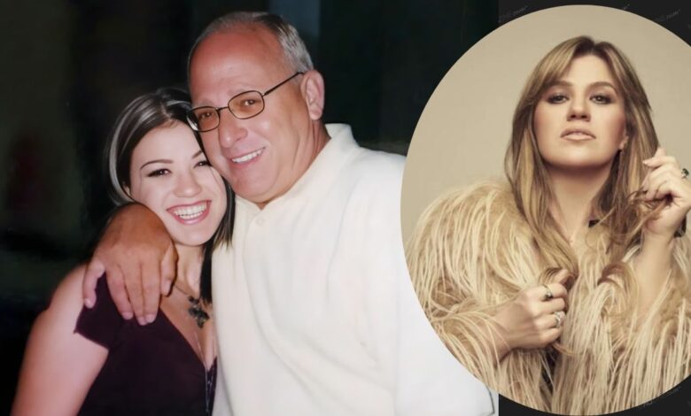 Kelly Clarkson smiling with her father, Stephen Michael Clarkson, in a throwback photo alongside a modern professional circular portrait of the singer.