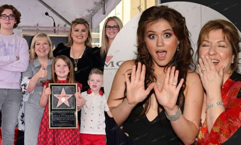 Kelly Clarkson apni maa Jeanne Taylor aur poori family ke saath Hollywood Walk of Fame star ki taqreeb mein, jahaan woh khushi ka izhaar kar rahi hain.