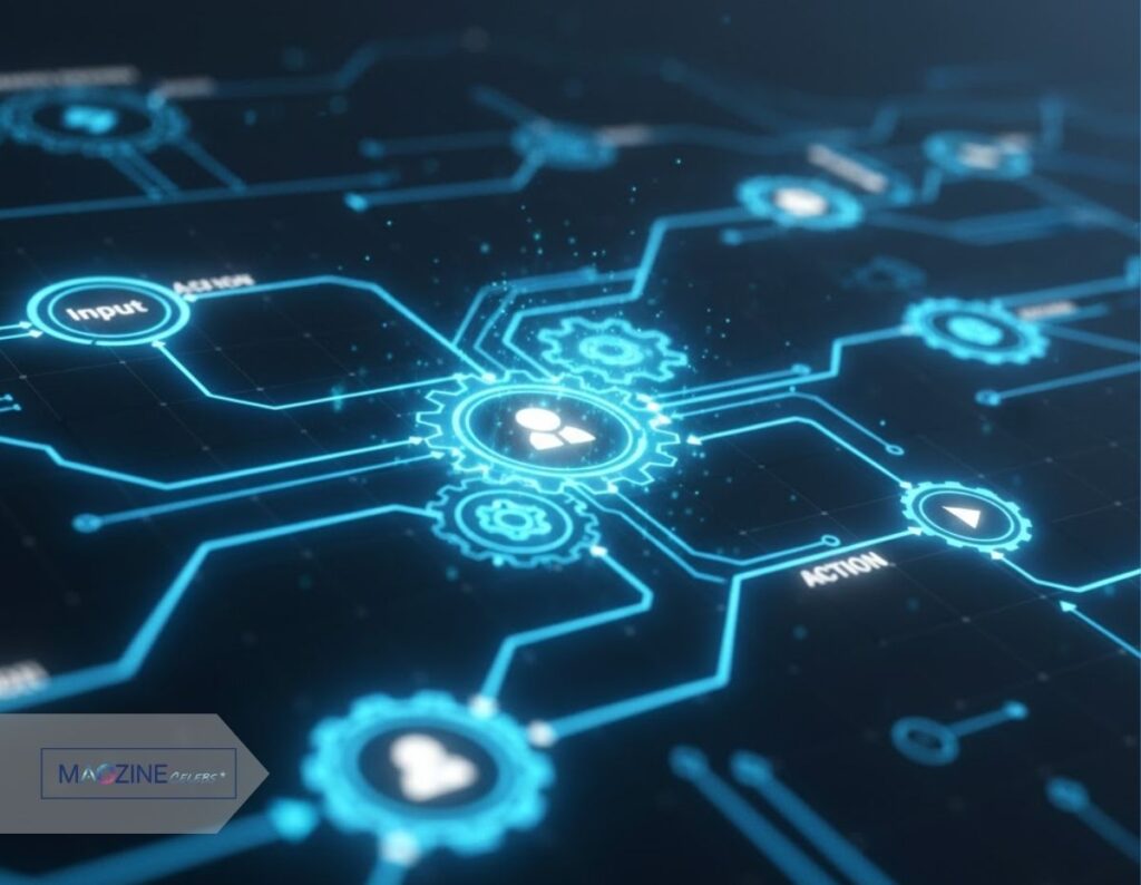 An abstract image of a digital workflow, showing how the Konversky automation engine processes inputs, triggers actions, and manages complex business workflows.