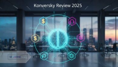 A feature image for a Konversky review 2025, showing a central AI brain in a modern office, symbolizing Konversky's all-in-one platform connecting sales, marketing, and support.