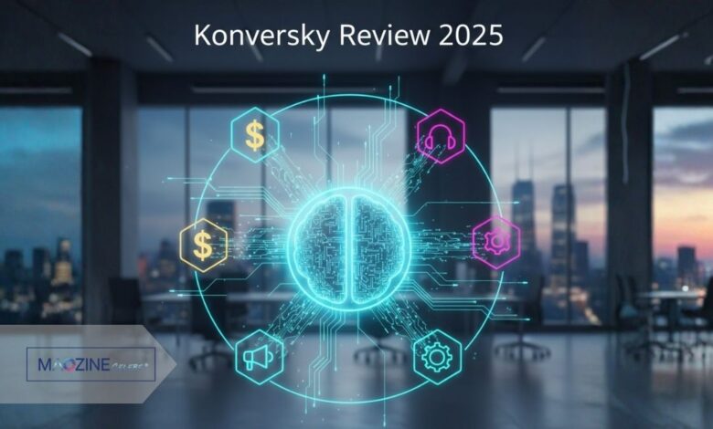 A feature image for a Konversky review 2025, showing a central AI brain in a modern office, symbolizing Konversky's all-in-one platform connecting sales, marketing, and support.