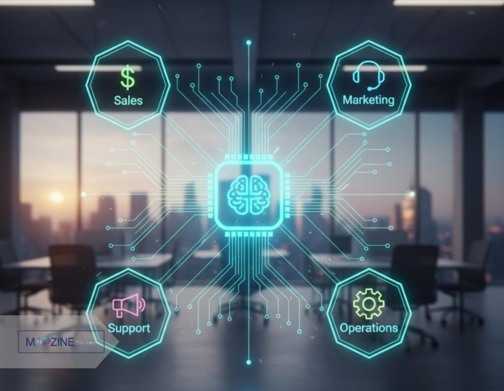 A diagram showing how the Konversky platform acts as a central, unified system connecting Sales, Marketing, Support, and Operations modules.