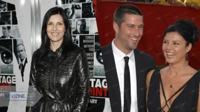 Collage of Margherita Ronchi: Left side showing her fashion style at the Vantage Point premiere, Right side smiling on the red carpet with husband Matthew Fox.