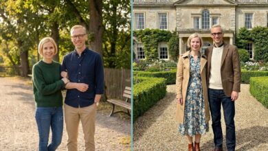 A split collage image showing historian Lucy Worsley and her husband Mark Hines. Left: The couple in casual attire smiling outdoors. Right: The couple posing formally in front of a historic stone building.